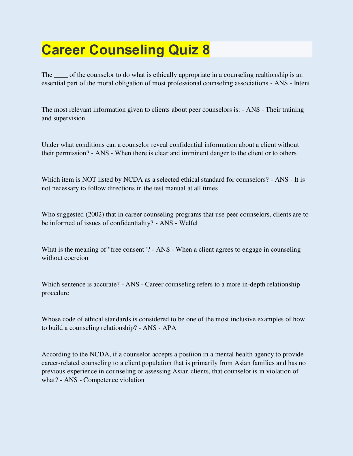 Preview image for Career Counseling Quiz 8 | with 100% Correct Answers | Updated & Verified